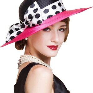 Women's Wide Brim Hat Polyester Big Bow Church Sun Protection Formal Wear